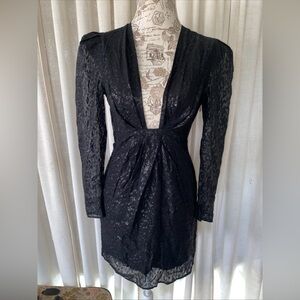 IRO RIBUNEA Deep V NECK Mini DRESS IN Metallic BLACK sz 34 US 2 NWT